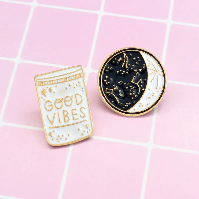 1 предмет цинковый сплав знак Good Vibes Луна Созвездие эмаль на брошь с лацканами рюкзак куртка джинсы воротник украшения