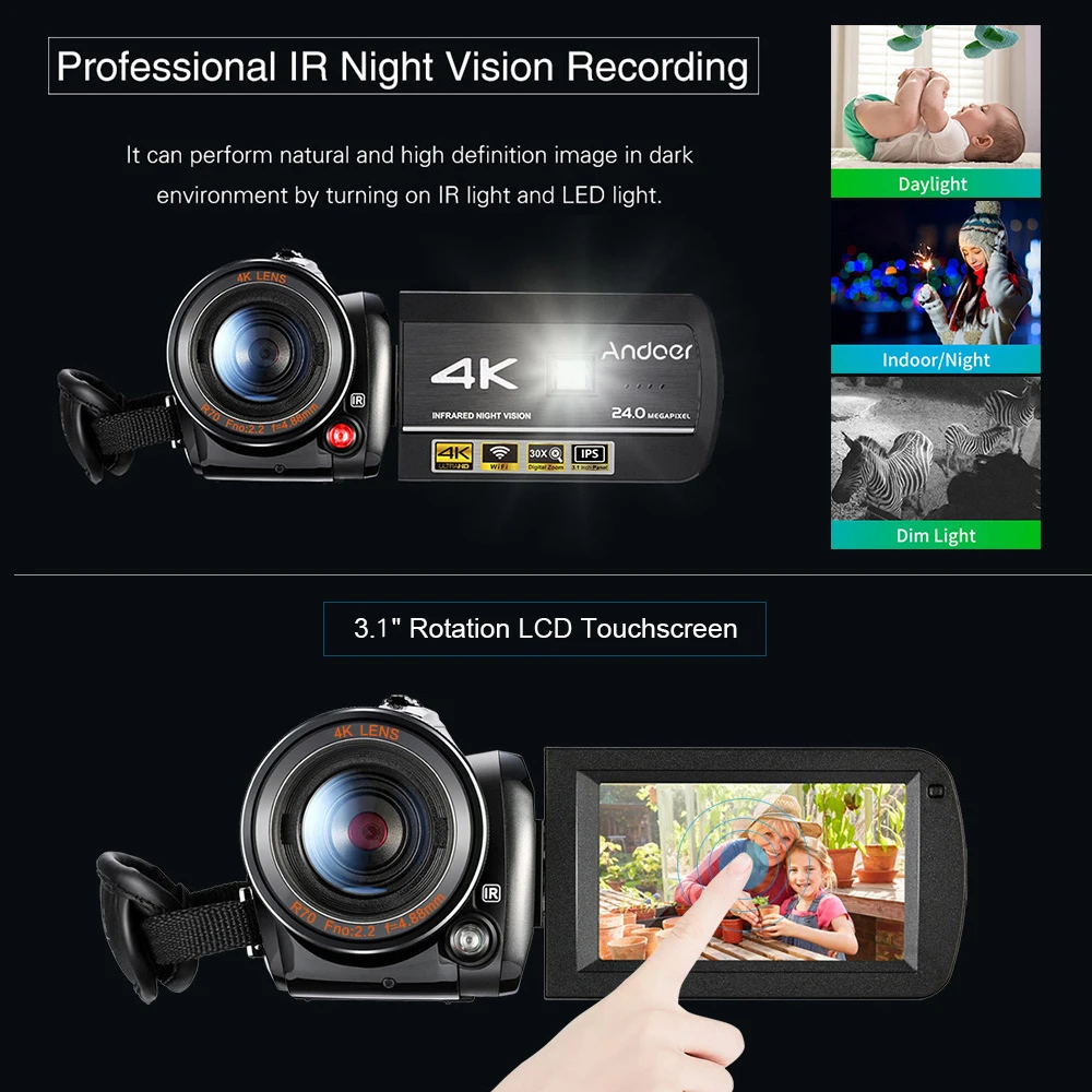 Профессиональная цифровая видеокамера Andoer 4K UHD 24MP Camara с широкоугольным