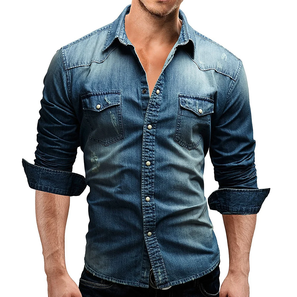 

Fashion Long Sleeve Slim Fit Lapel Collar Pockets Denim Shirt Casual Men's Top