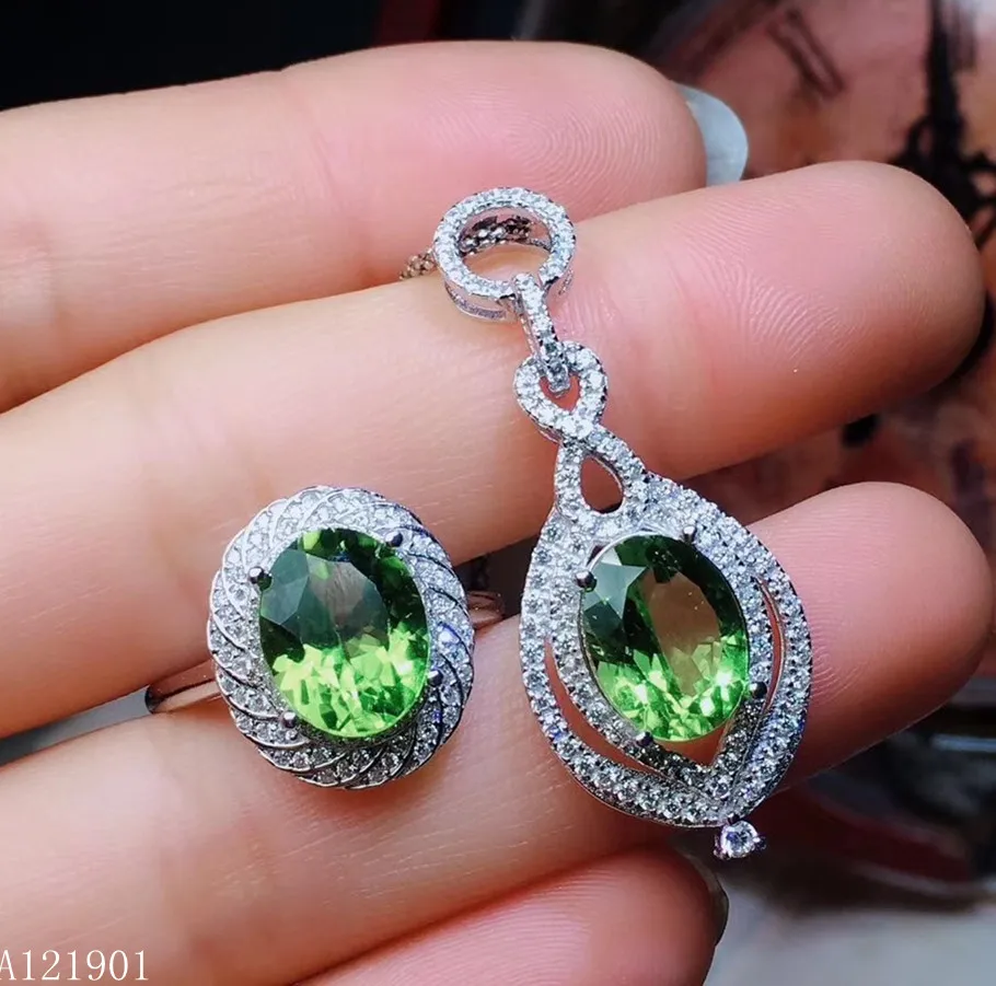 KJJEAXCMY boutique jewelry 925 sterling silver inlaid natural olivine lady Ring Pendant Necklace suit support detection | Украшения и