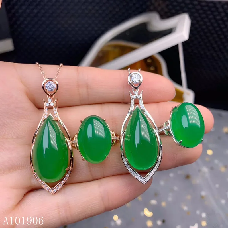 

KJJEAXCMY Fine Jewelry 925 sterling silver inlaid natural green chalcedony gemstone female necklace necklace pendant set support