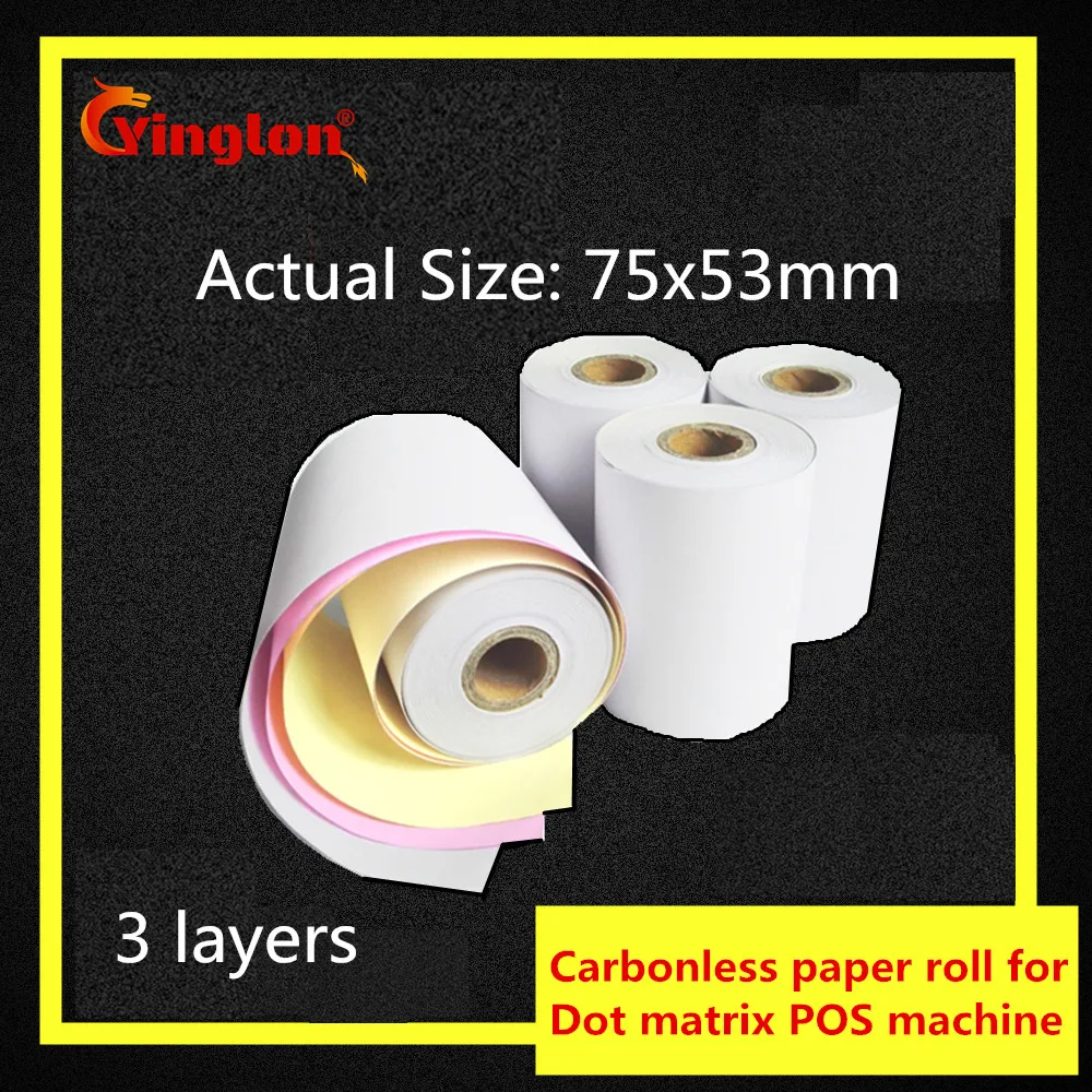 1pcs/lot 75x60mm three layers cash register paper 3 layer carbonless paper roll for 75*60mm POS cash register paper