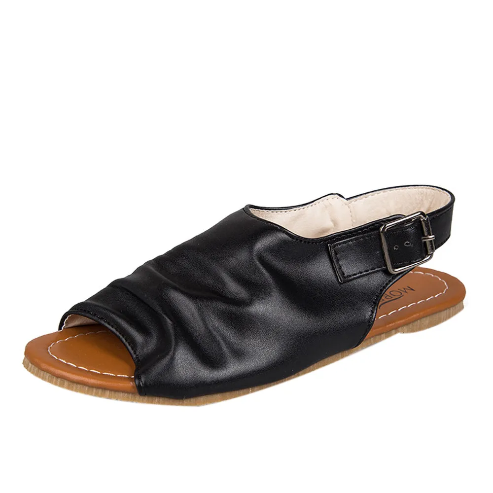 Женская обувь женская на плоской подошве с открытым носком и ремешком пряжкой