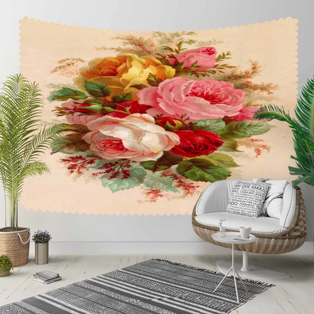 

Else Brown Floor Pink Red Yellow Vintage Roses Retro 3D Print Decorative Hippi Bohemian Wall Hanging Landscape Tapestry Wall Art