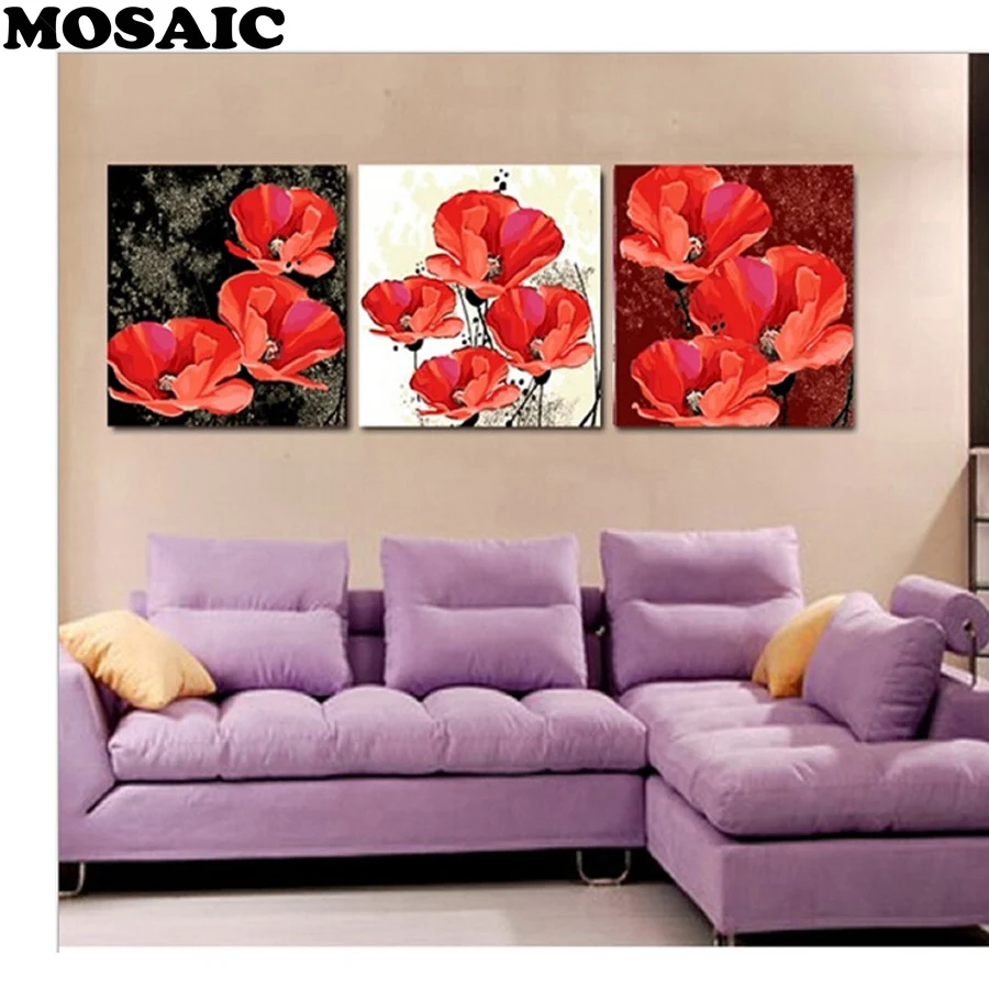 

Картина из квадратных страз 5d, вышивка крестиком из страз, картина из мозаики мака для гостиной, Триптих