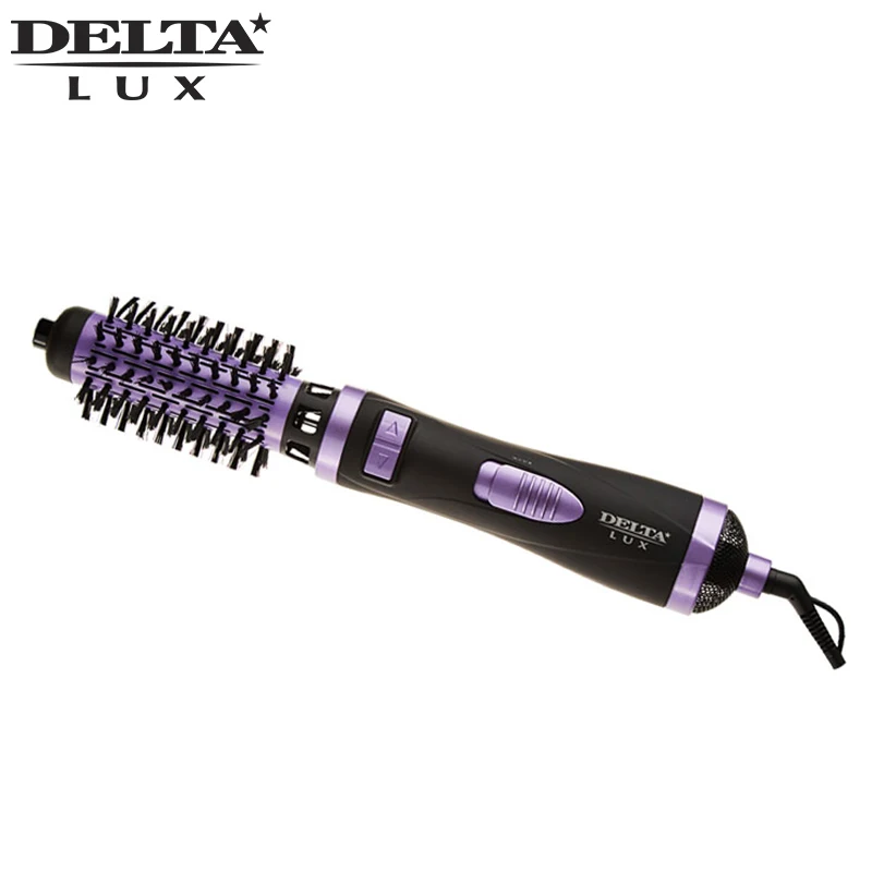 DELTA LUX DL-0443R Фен с функцией вращения черный с фиолетовым, 1000 Вт, 2 съемных насадки-щетки в комплекте, 2 режима