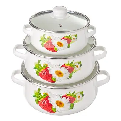 НАБОР ЭМАЛИРОВАННЫХ КАСТРЮЛЬ СО СТЕКЛЯННЫМИ КРЫШКАМИ 3 ПШЮ 18/22/24 СМ 1 5/3/4 Л.