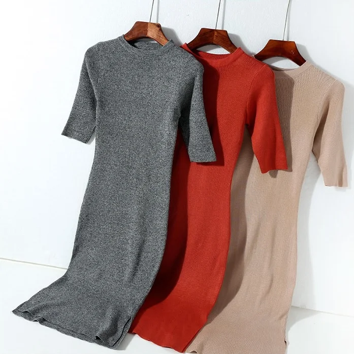 Obrix Long Slim Fit dress O neck Short Sleeve Mid Calf Casual Style Korean fashion|Женские платья| |