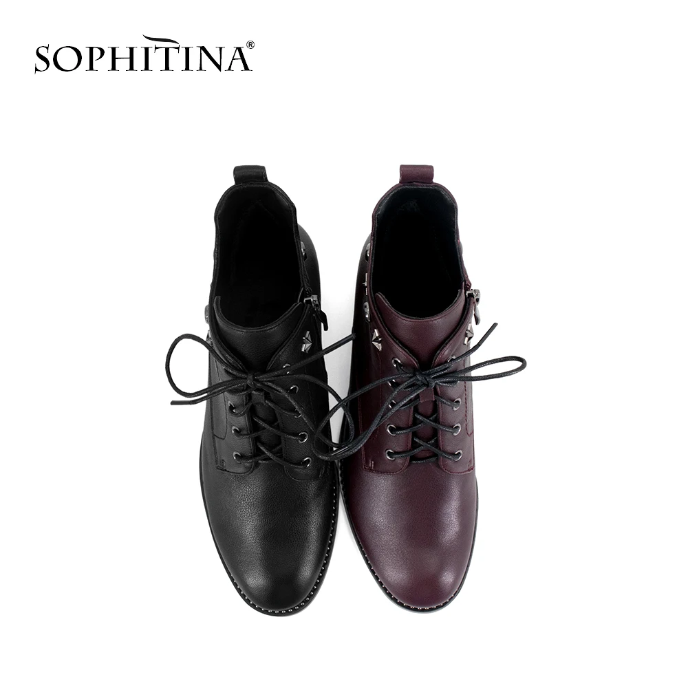 SOPHITINA/Уникальные Брендовые ботильоны; женская обувь из натуральной кожи на шнуровке; модные ботинки ручной работы на квадратном каблуке с круглым носком и заклепками; M49