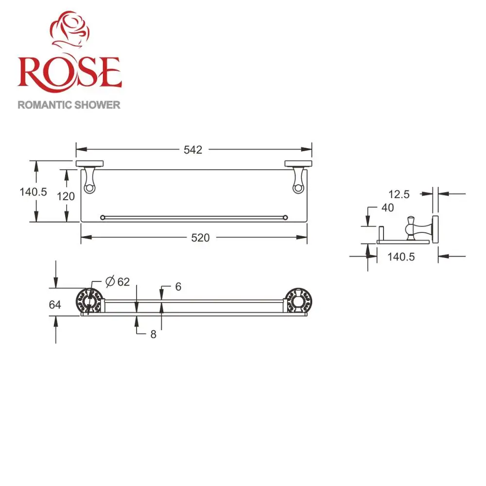 ROSE Полка стеклянная 1- ярус латунный держатель для аксессуаров в ванную основание