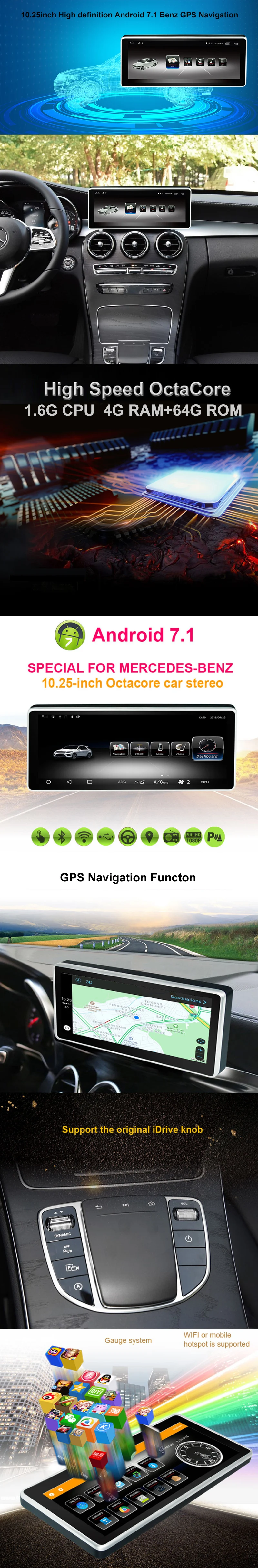 Автомобильный монитор Android 7,1 4G+ 64G Автомобильный gps для Mercedes Benz C Class до 10,2" экран Авто Радио мультимедийный плеер