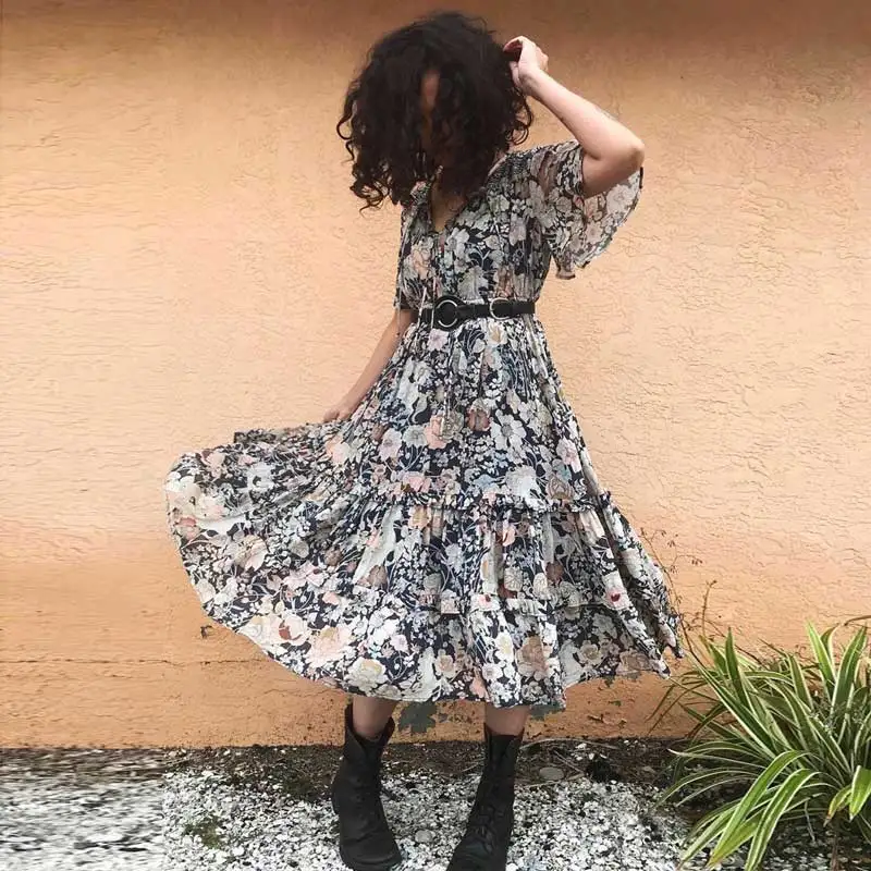 Богемный Вдохновленный ночной осенний цветочный принт Повседневное платье для