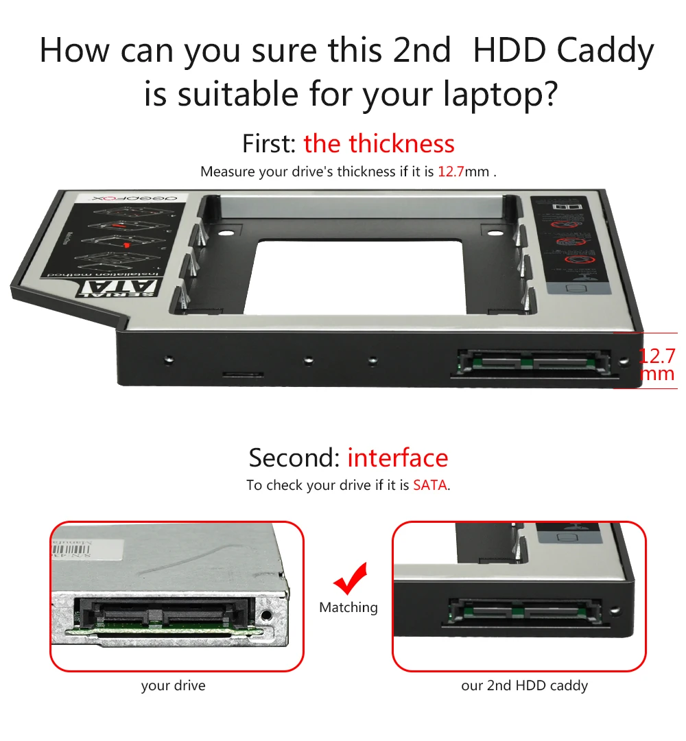 DeepFox алюминиевый пластиковый 2nd HDD SSD caddy 12,7 мм SATA 3,0 для 2," чехол для жесткого диска DVD CD-ROM Optibay