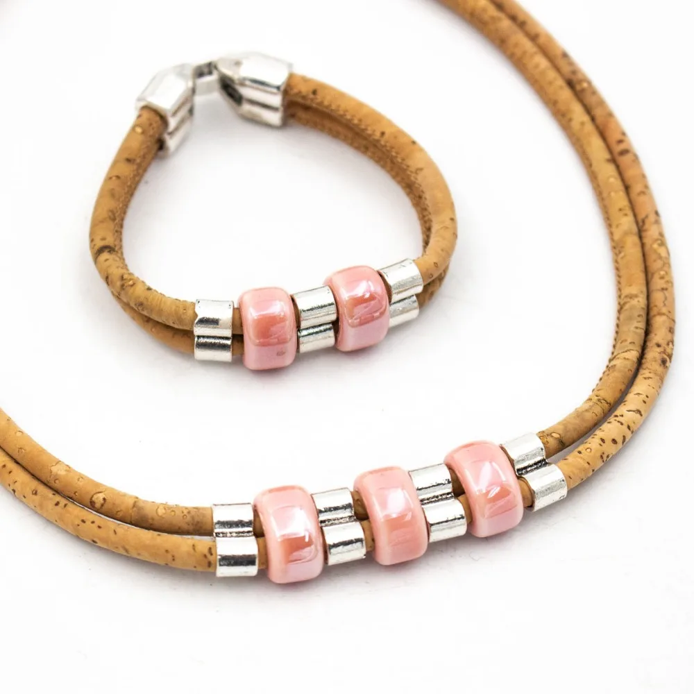 Natural Cork red porcelain beads set women original jewelry Handmade eco materials woode SET-072-B | Украшения и аксессуары