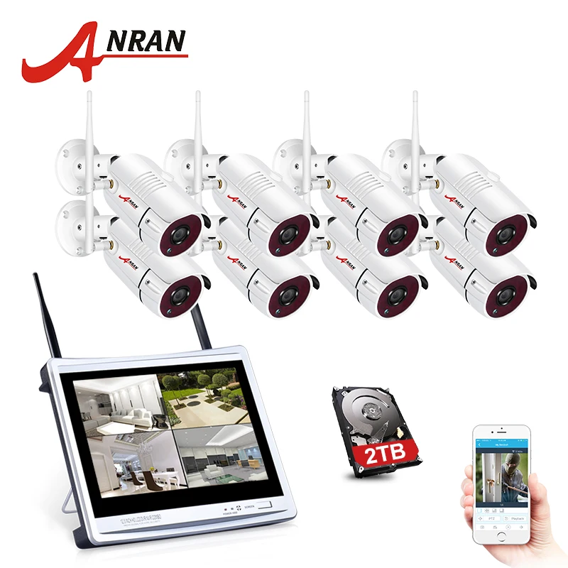 ANRAN P2P 8CH 12 дюймов ЖК-дисплей монитор NVR 2,0 МП 36IR на открытом воздухе 1080P Ночное видео аудио IP беспроводная камера безопасности Системы 1/2/3 ТБ HDD