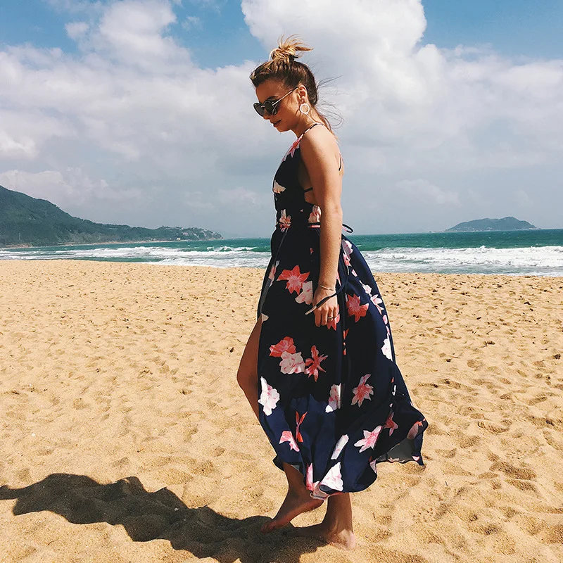 

OLOEY Summer beach Dress Women Floral Print Dress V-Neck Sleeveless Spaghetti Strap Backless Side Split Sexy Long Dress