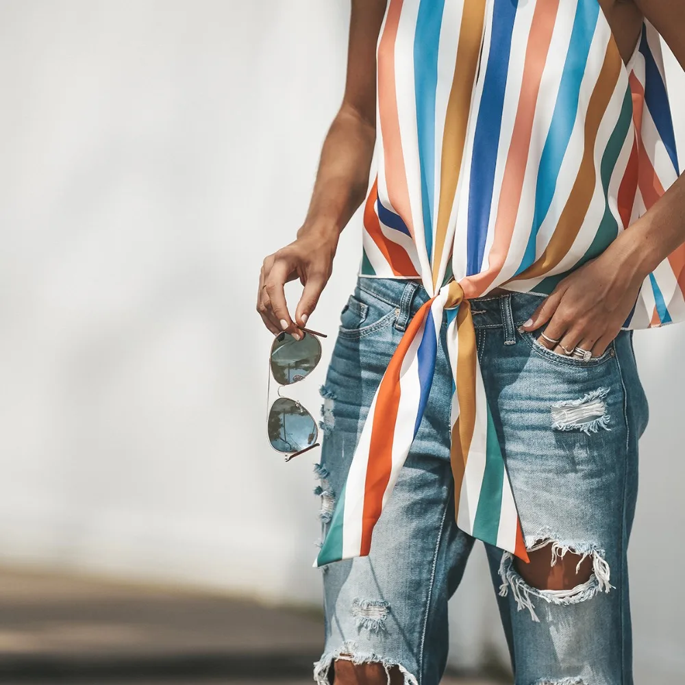 Женская блузка в разноцветную полоску, с круглым вырезом и бантом, элегантная повседневная рубашка без рукавов, лето 2021 от AliExpress WW