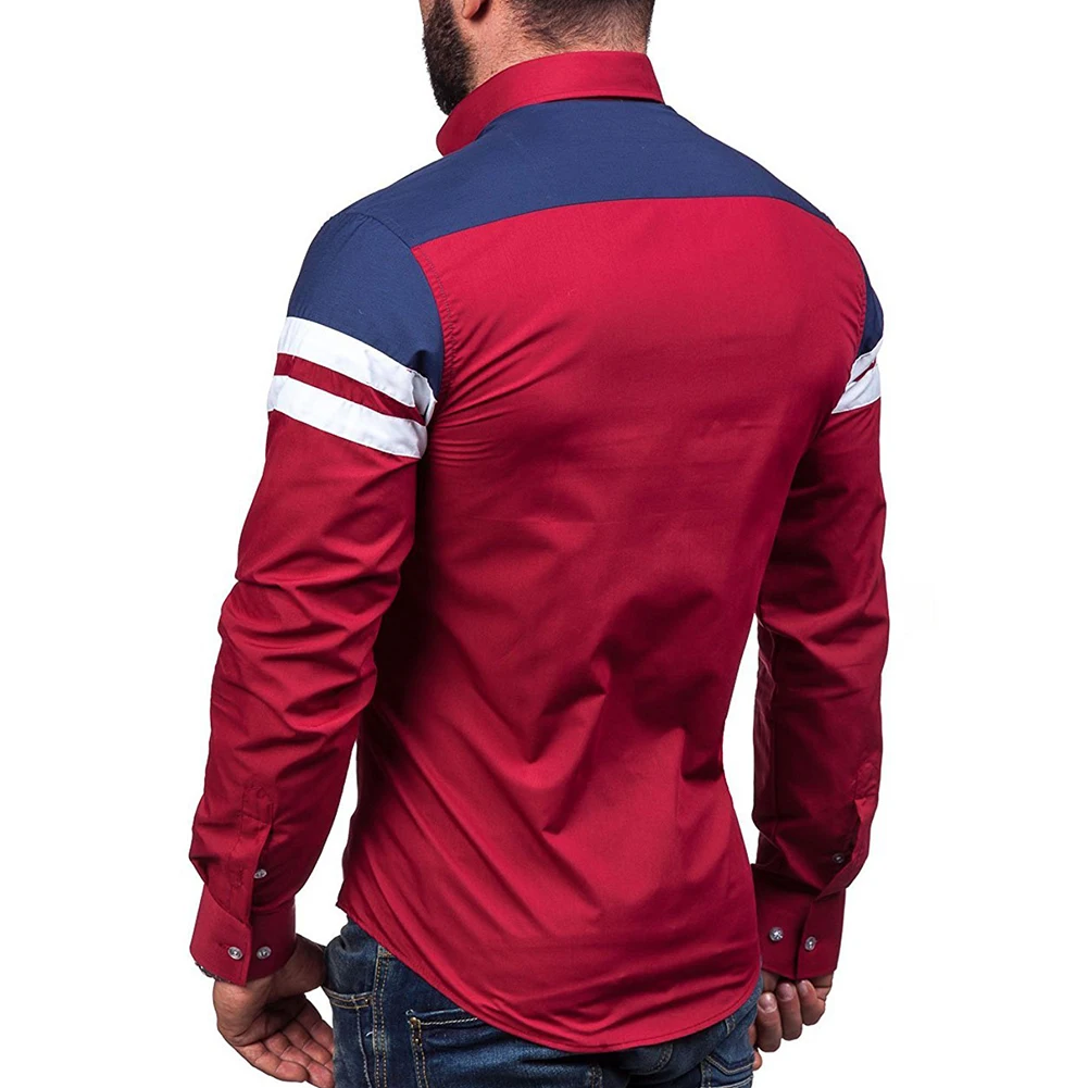 Turn Down Collar Striped Long Sleeve Shirt Color Block Casual Men Slim Fit Top | Мужская одежда