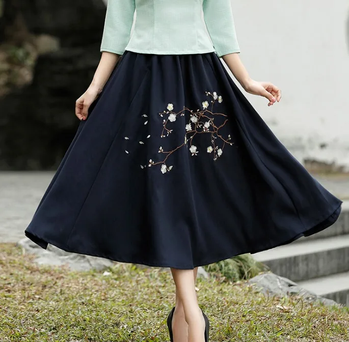 deep blue printing Женский китайский Топ Cheongsam, блузка из хлопка с вышивкой сливы, 7 точек, рукав Tang 4XL размера плюс - Цвет: deep blue printing