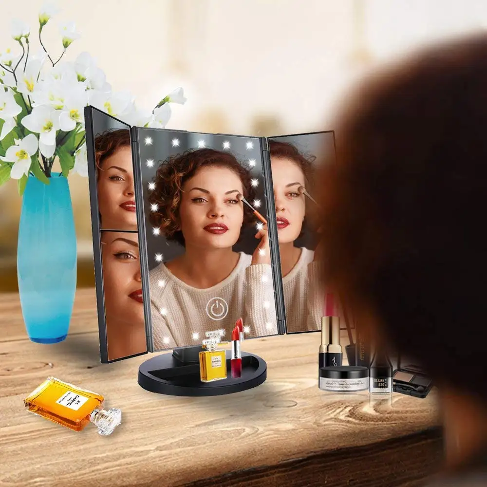 

Vanity Makeup Mirror with 22 Led Lights Three Fold Mirror with Magnification and Touch Screen,180 Angle Adjustable Rotating