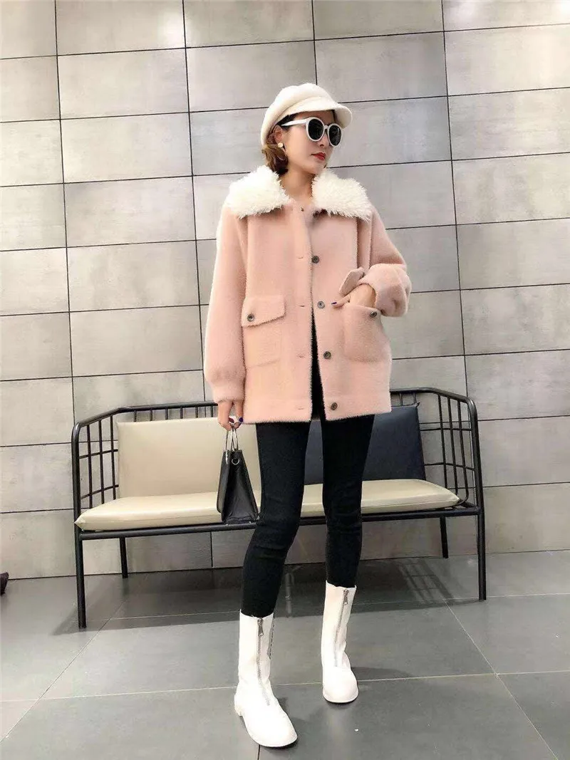 Woman Fashion Lapel Imitated Mink Outcoat Warm Tassel Thickened Pocket Long Sleeve Pure Color Jacket Female Winter New |