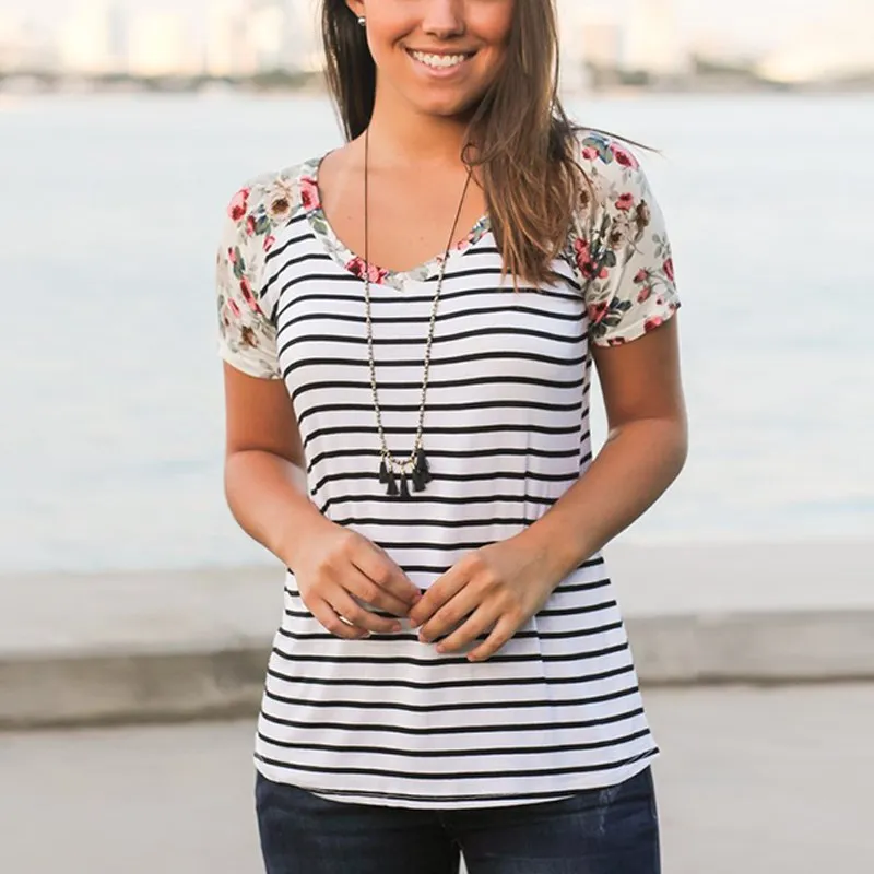 Повседневное в полоску Для женщин футболка лето 2017 г. patchwark принт короткий рукав o