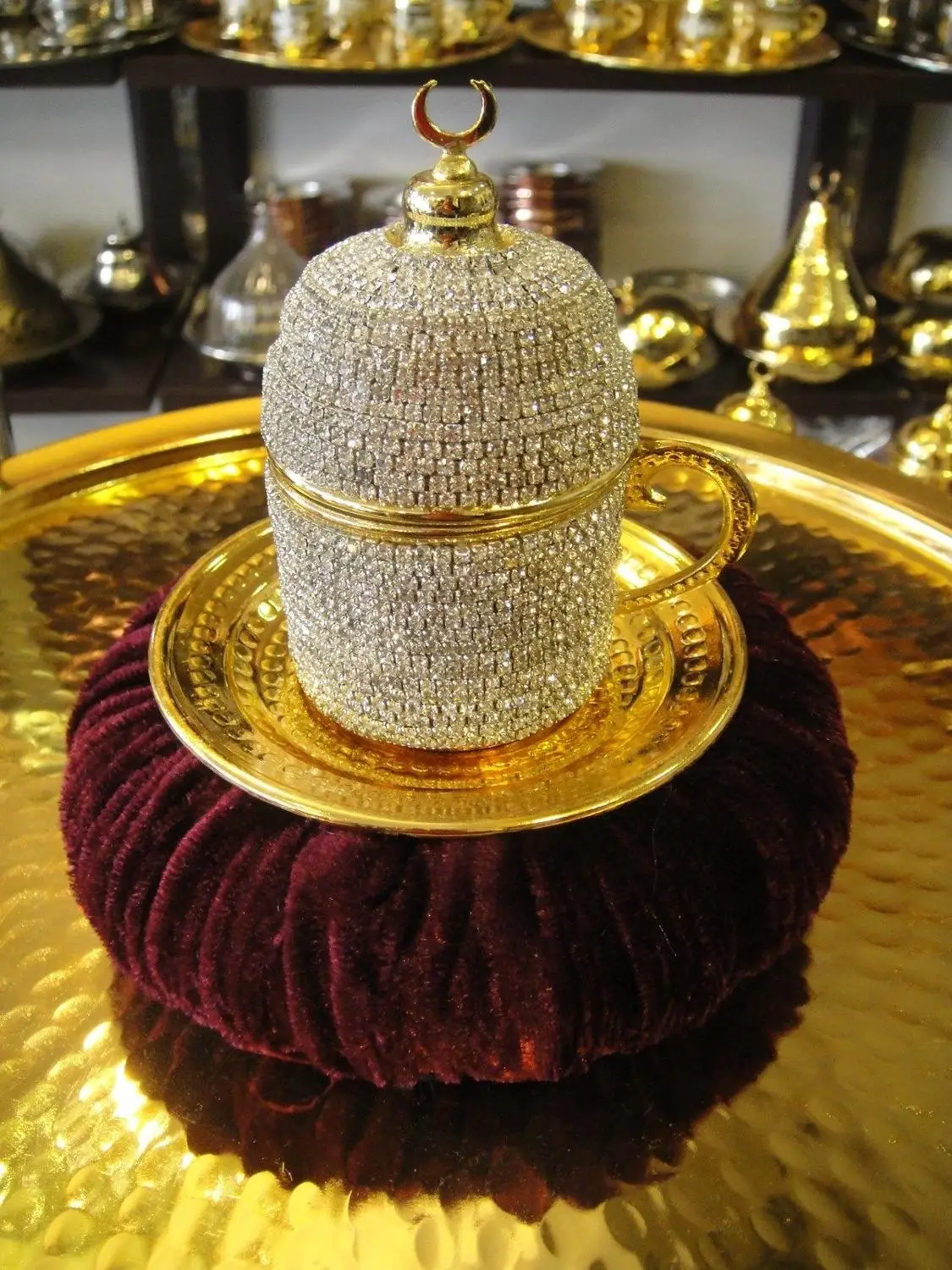 Ручной работы Медь Турецкая кофейная чашка блюдце Swarovski тип с кристаллом покрытием