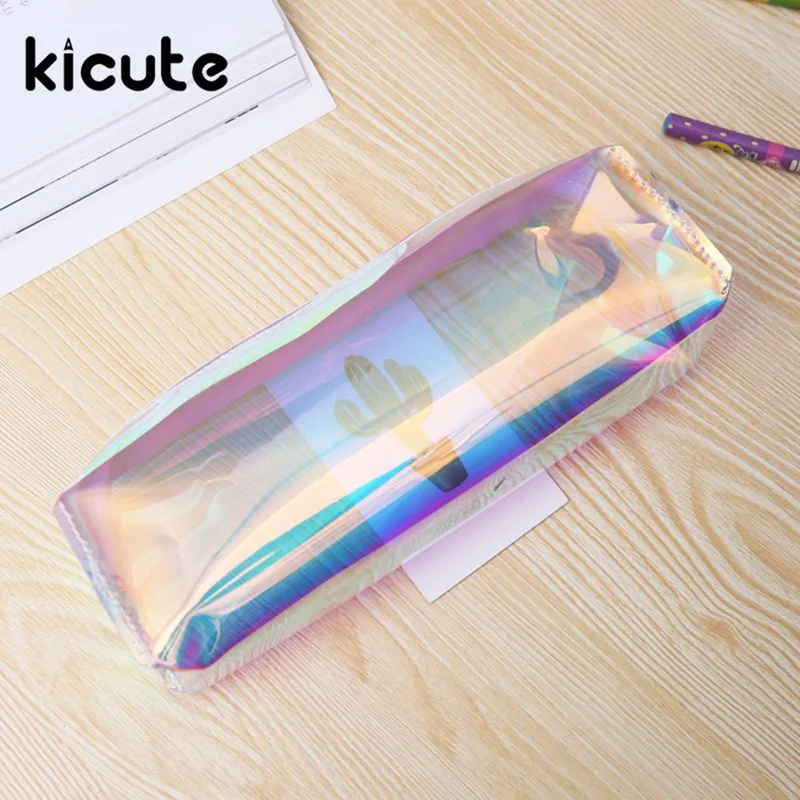 Kicute 1 шт. простой и стильный прозрачный пенал Чехол сумка для косметики голографический металлический цвет для студентов и работников