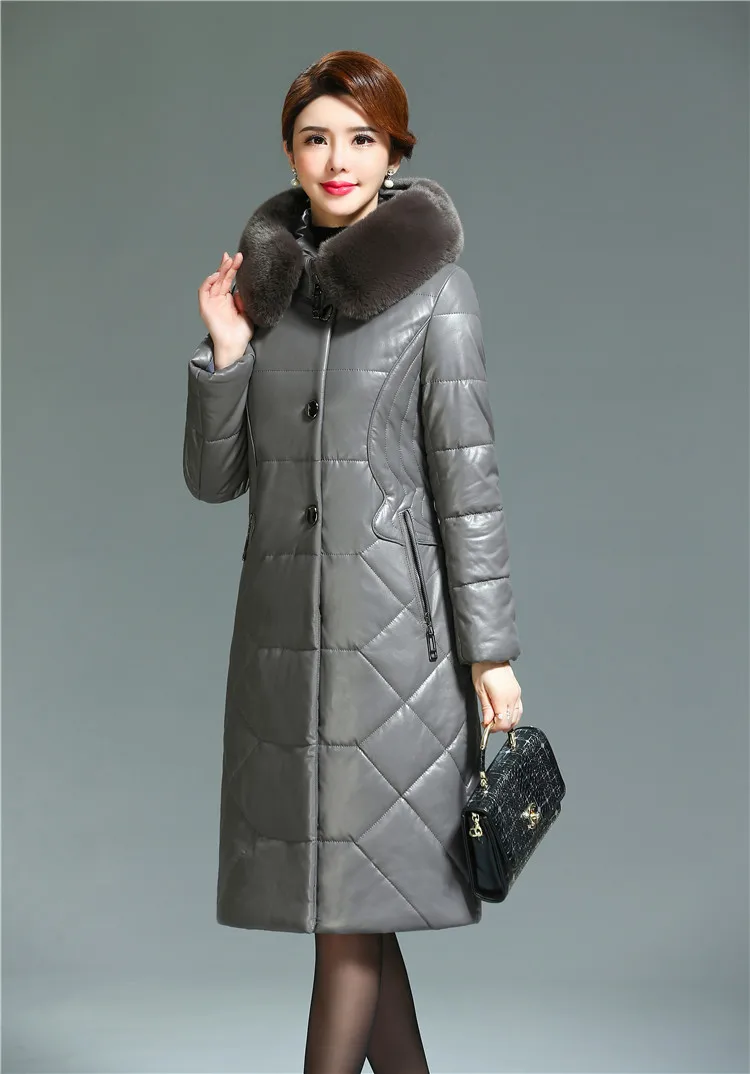 New Winter Women Leather Thicken Jacket 6XL Ladies Fur Collar Hooded Coats Cotton Padded Outwear Middle-aged Female Parkas