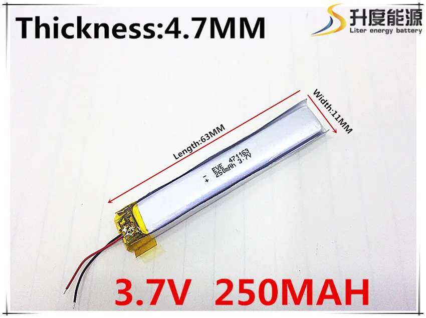 

3.7V,250mAH,[471163] PLIB; polymer lithium ion / Li-ion battery for GPS,mp3,mp4,mp5,dvd,bluetooth,model toy