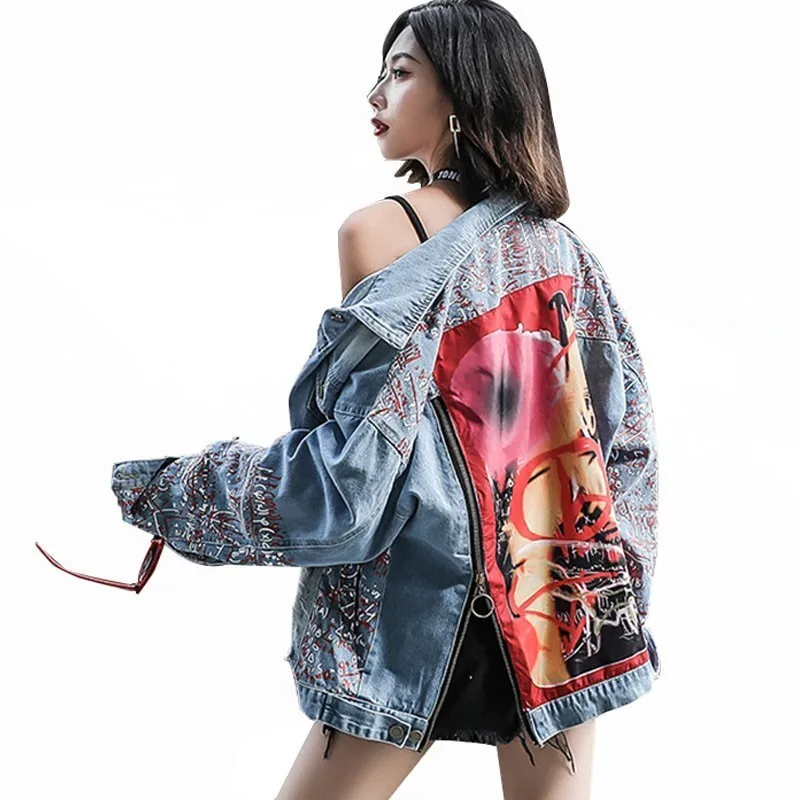 Graffiti Print Denim Jacket Women Autumn Double Zipper Armband Jeans Bomber Unisex Loose Outwear Кэжуал Feminina NZY25 | Женская