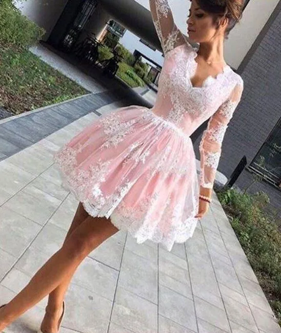 light pink Праздничные Выпускные платья vestido de formatura с v-образным вырезом и длинными рукавами, короткие розовые кружевные платья для выпускного вечера - Цвет: light pink