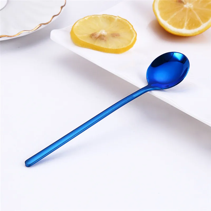 blue Aihogard 13 СМ Круглая кофейная ложка из нержавеющей стали с длинной ручкой, десертная ложка для мороженого, фруктов, чайные ложки, кухонные аксессуары - Цвет: blue
