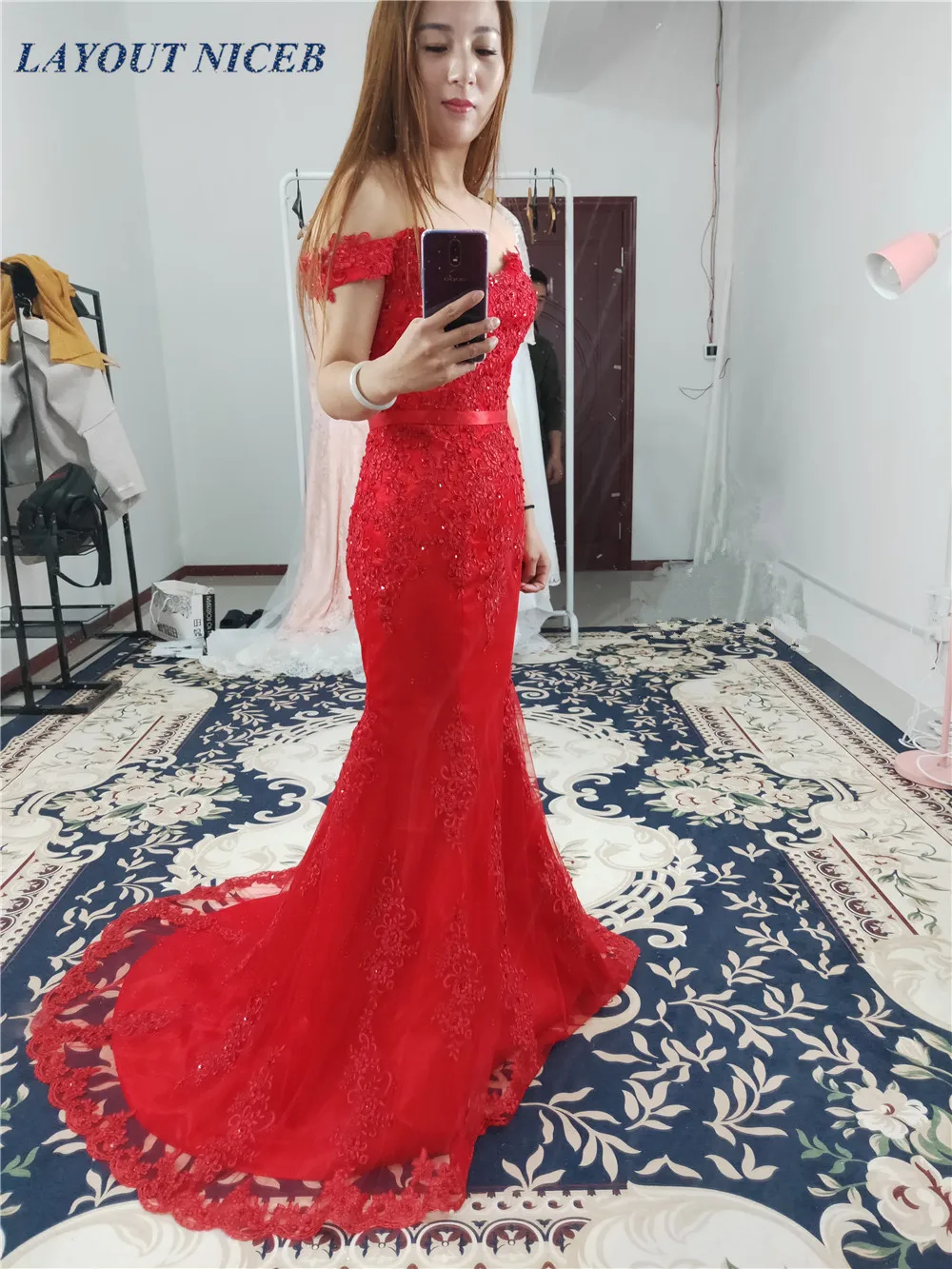 

Red Robe De Soiree 2019 Long Lace Mermaid Evening Dress Off the Shoulder Women Formal Party Dress
