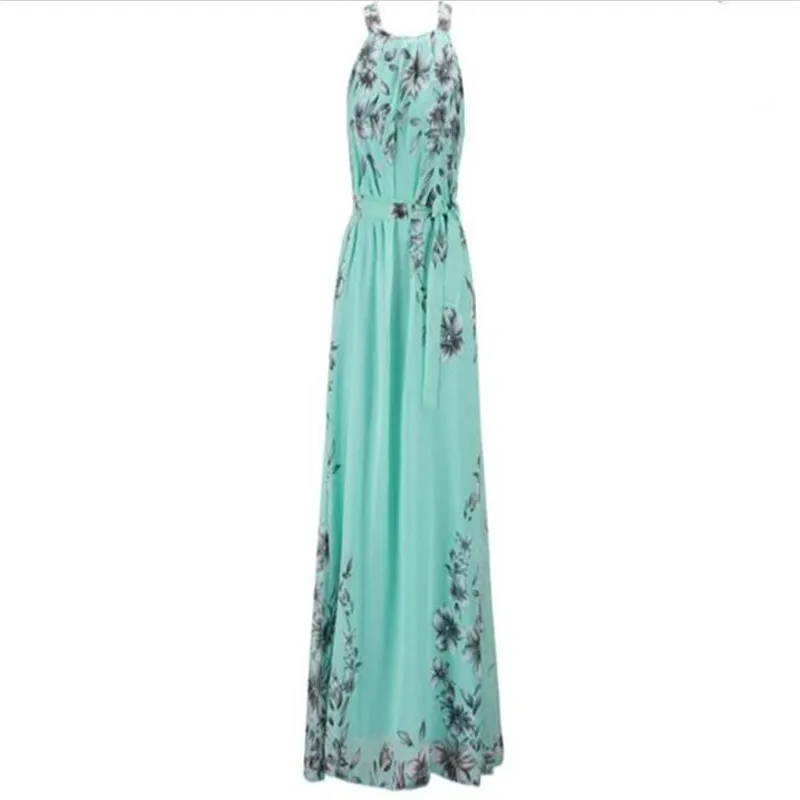 Женское шифоновое платье с цветочным принтом длинное лямкой на шее и завязками