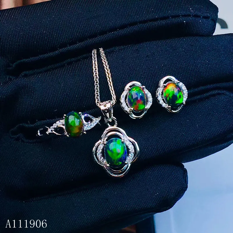 KJJEAXCMY boutique jewelry 925 sterling silver inlaid natural gemstone black Opal female ring necklace pendant earrings set supp | Украшения