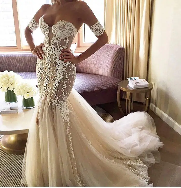 

Jusere Charming Mermaid Wedding Dress Lace Embroidery Court Train Bridal Gowns Vestido de noiva AD1801