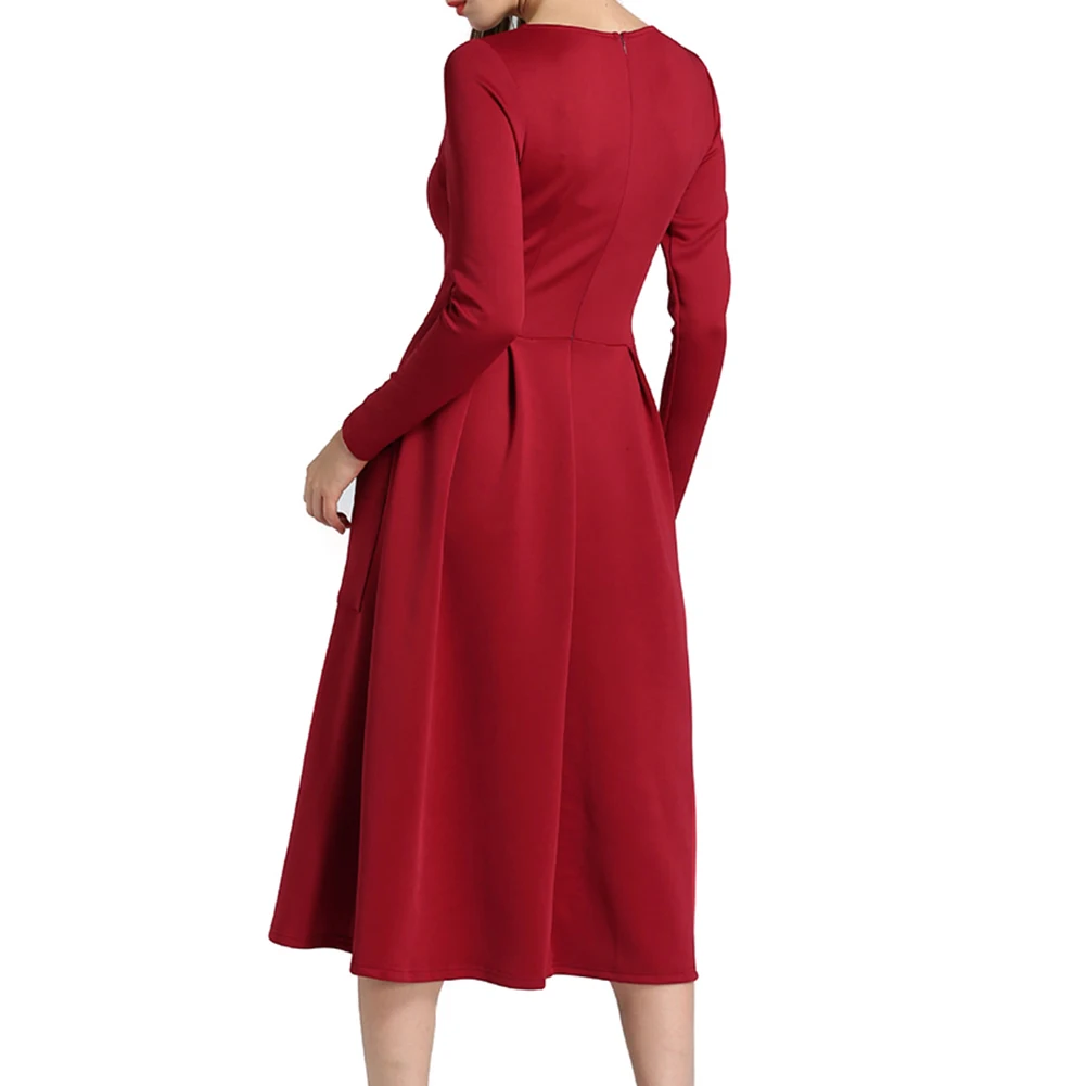 Party Front Pockets Women Long Sleeve O-Neck Fashion Solid Color Zippered Dress | Женская одежда