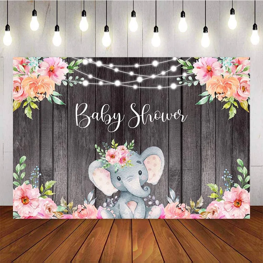 

Mehofond Baby Shower Elephant Photography Backdrop Wood Floor Photo Studio Pink Flower Backdrops Newborn Party Decoration