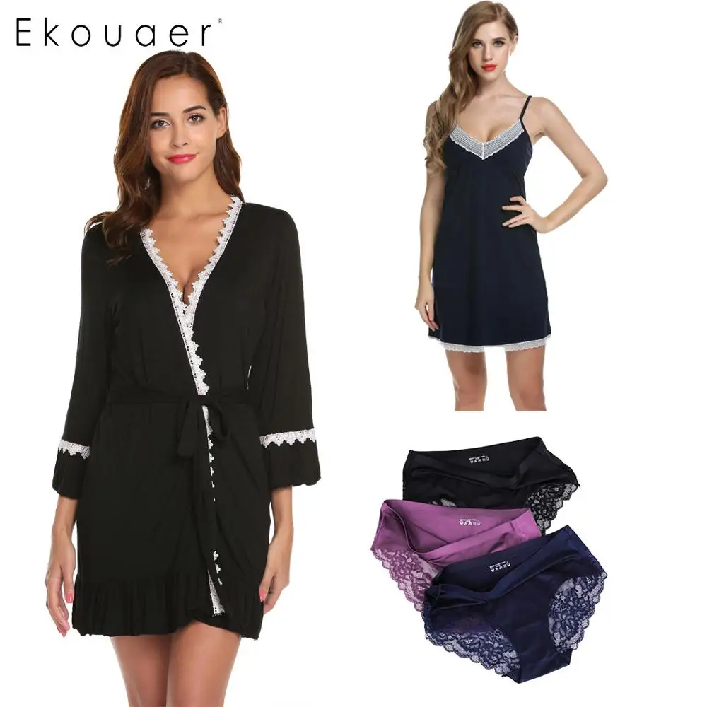 Style 1 Ekouaer 3 шт./упак. Для женщин, ночное белье, пижама с длинными рукавами рубашки и платья, кружевное белье Ночные рубашки для девочек; Привлекательные кружевные трусы комплекты ночные рубашки - Цвет: Style 1