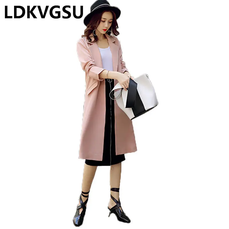 Новинка 2018 весна осень Женская Длинная ветровка с воротником однобортная