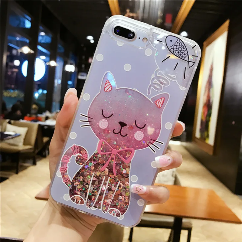 Kerzzil Bling Shining Stars Liquid Quicksand Case For iPhone X 10 Soft Cases Cover 7 8 6 6s Plus Cat Animal Capa | Мобильные