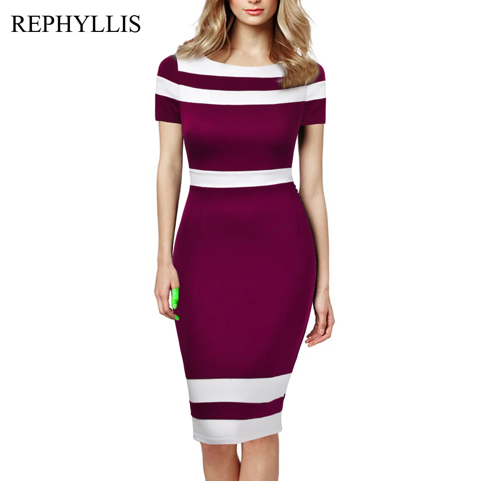 Rose Red REPHYLLIS женское платье-карандаш с коротким рукавом, с вырезом лодочкой, в стиле пэчворк, повседневное, деловое, офисное, элегантное, облегающее - Цвет: Rose Red