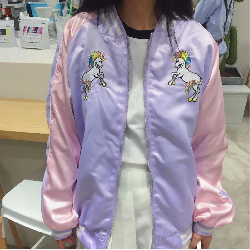Новинка 2019 года Корея Harajuku Мягкая девушка Бейсбол Форма пальто Радуга Единорог