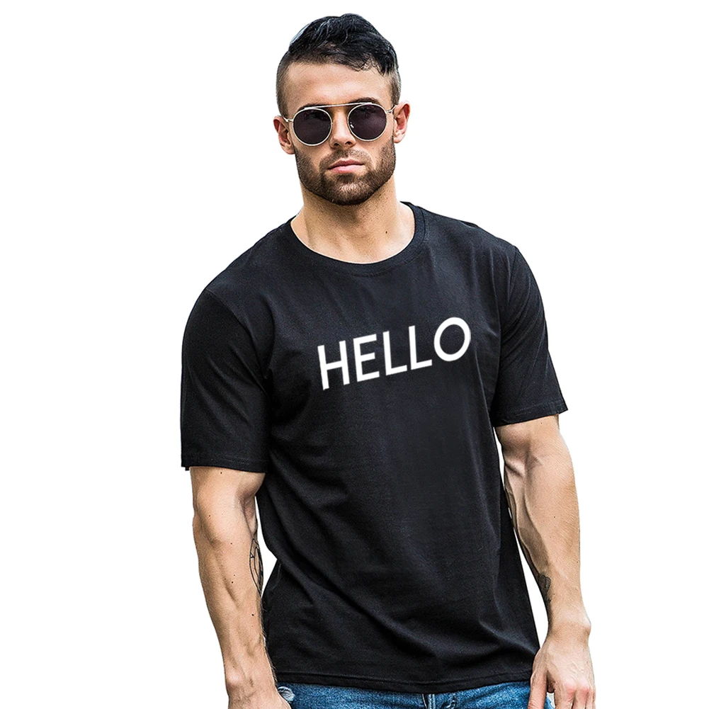 2017 слово Hello печатных мужские футболки хлопковая Футболка Homme повседневные