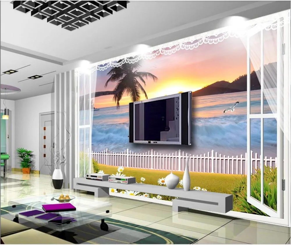 Custom 3d photo Wallpaper murals Mediterranean mural Beautiful warm window scenery snow mountains TV background wall home decor |