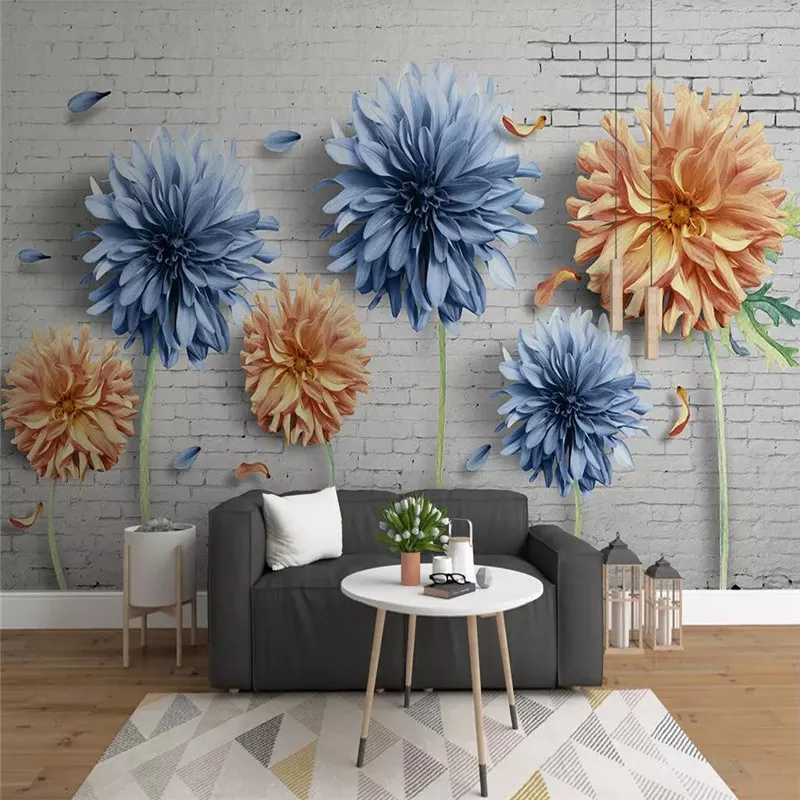 

Simple 3d chrysanthemum brick wall nostalgic flower TV background wall custom large wallpaper mural 3D photo wall factory wholes