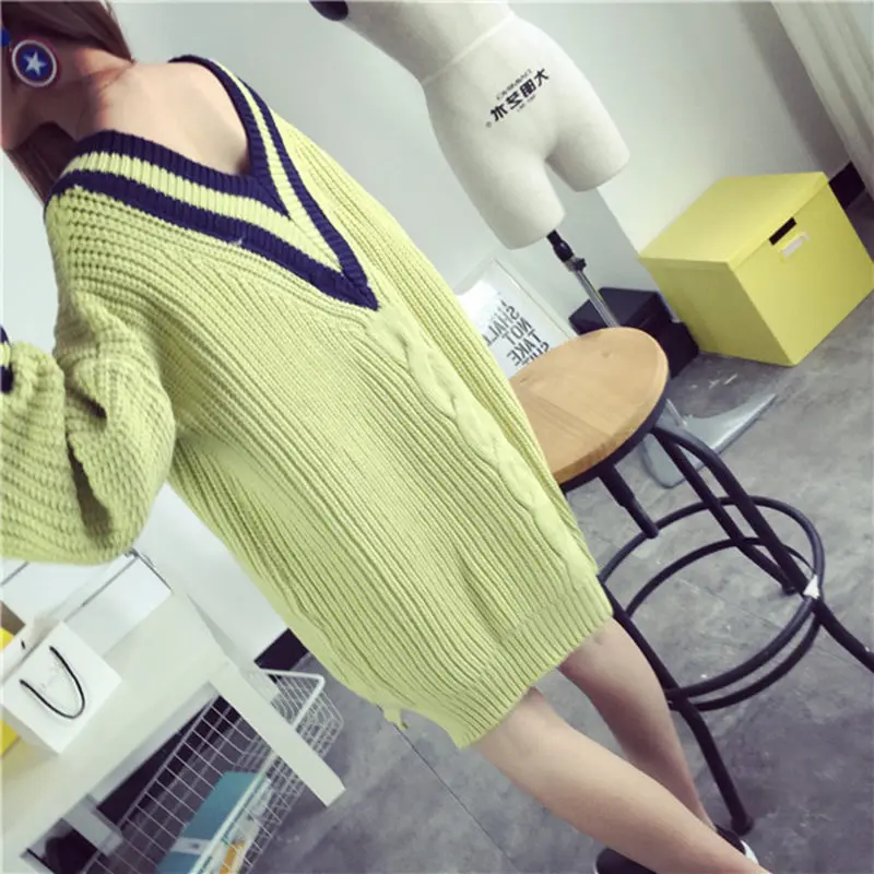 2018 Spring Autumn New Loose Medium Long Women Knit Sweater Korean Large Size V-neck Pullover Twist Dress Female LQ104 | Женская одежда