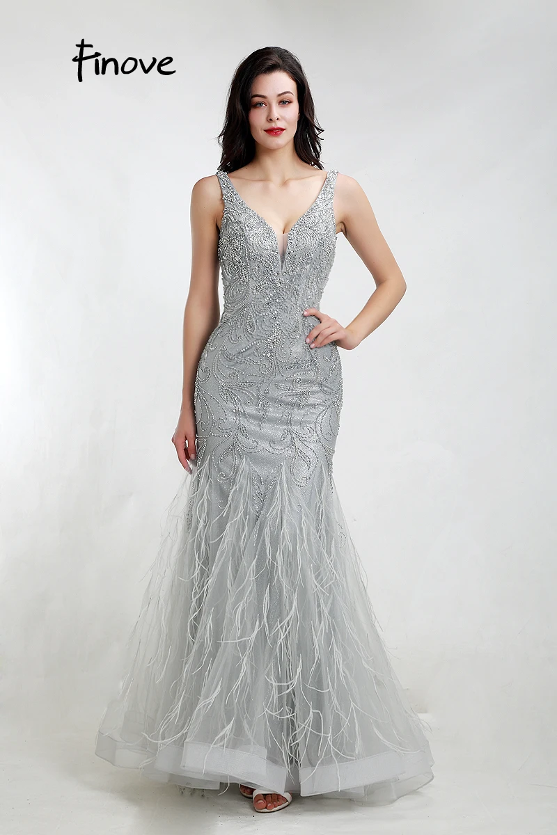 Finove Mermaid Evening Dresses Sexy V Neck With Beading Feathers Sparkle Materials Formal Long Dress Gowns Robe de soiree