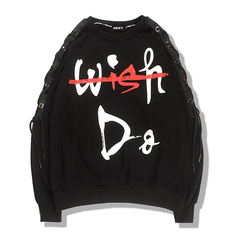 Мужская футболка с длинным рукавом модная черная в стиле хип хоп круглым вырезом